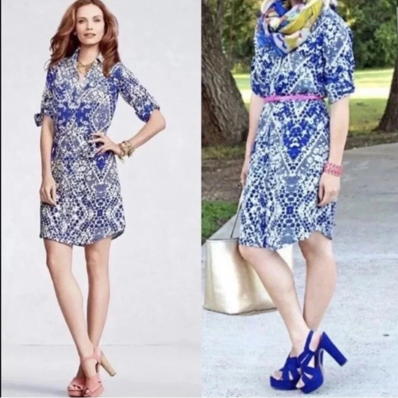 Cabi Style 422 Blue Jewel Print Button Down Shirt Dress Roll Tab Sleeve Size S - Picture 2 of 12